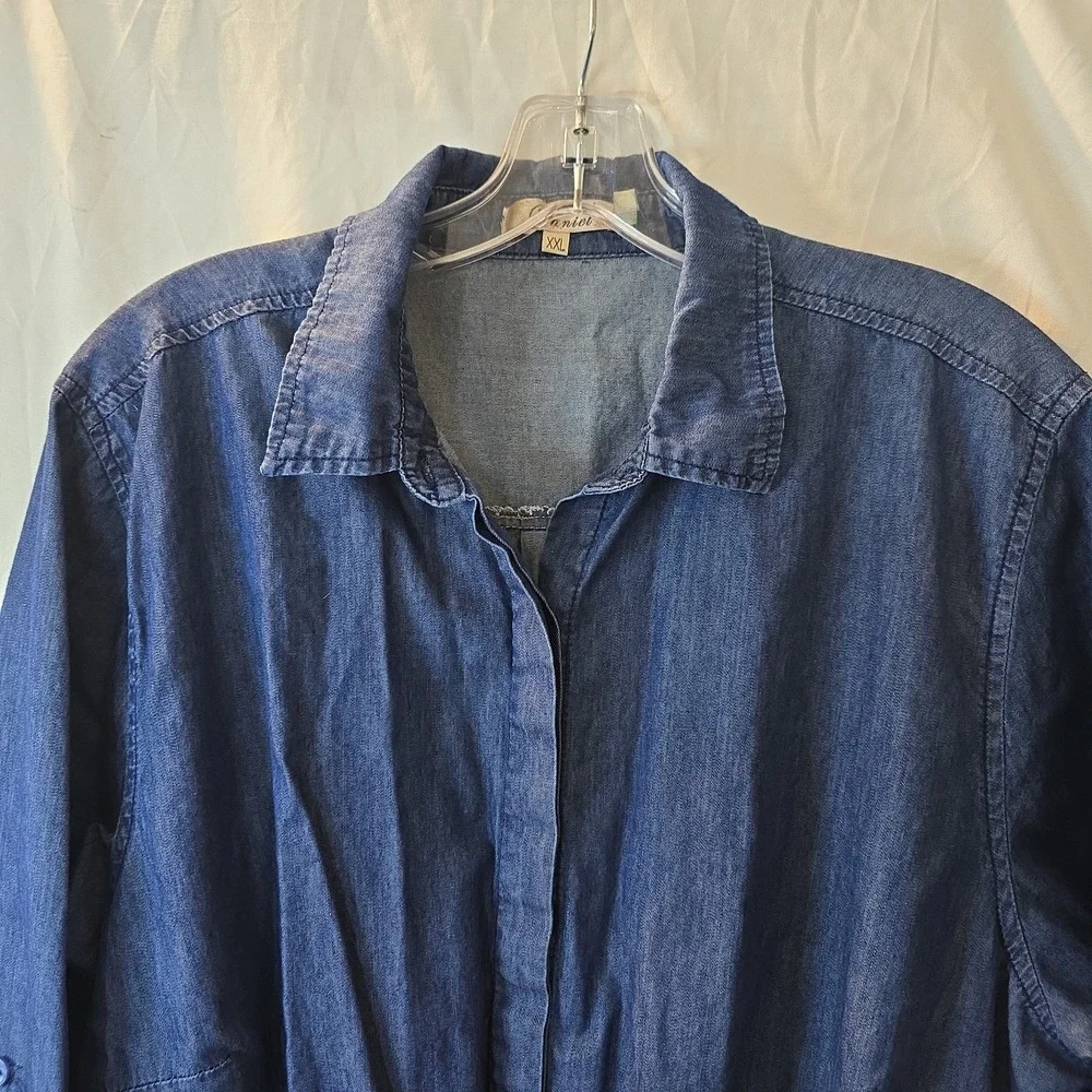 Daniel Denim Dress Long Or Roll Sleeve Midi With Braided Belt Women's Sz XXL